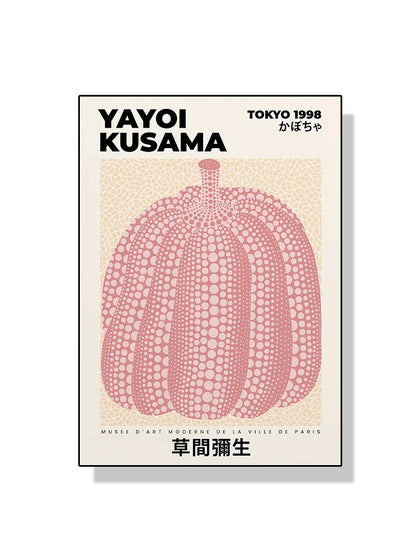 Poster of Yayoi Kusama's artwork with a pink textured pumpkin design on a beige background.