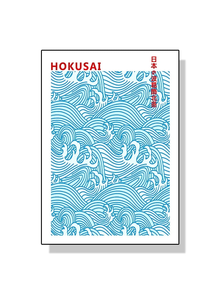 Framed artwork with blue wave pattern and 'Hokusai' text on a white background