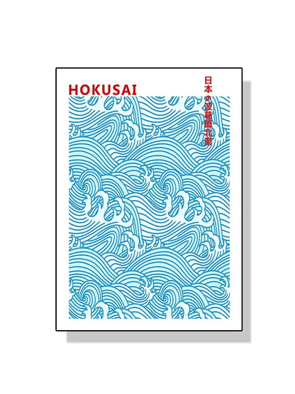Framed artwork with blue wave pattern and 'Hokusai' text on a white background