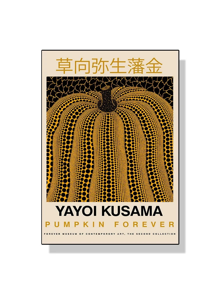 Yayoi Kusama pumpkin artwork with text on a beige background