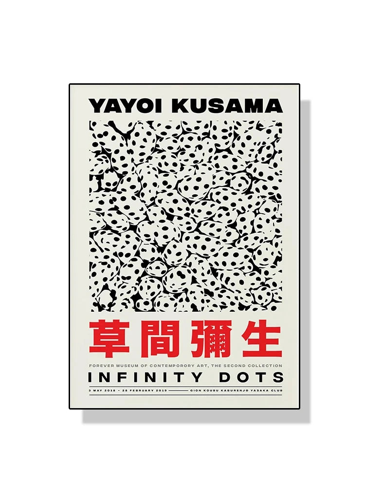 Yayoi Kusama poster with black and white abstract pattern and red text on a white background
