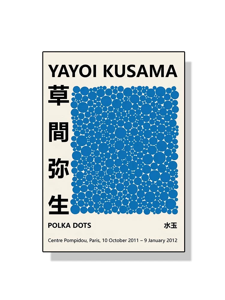 Yayoi Kusama poster with blue polka dot pattern and text on a white background