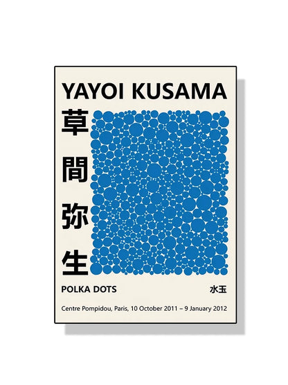 Yayoi Kusama poster with blue polka dot pattern and text on a white background