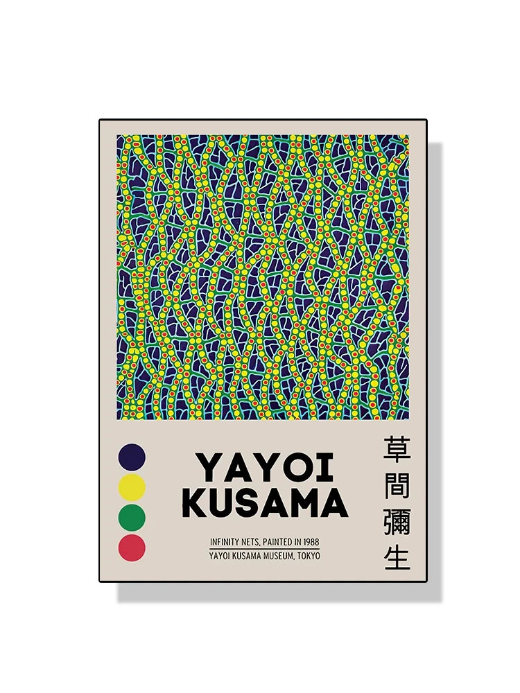 Yayoi Kusama poster with colorful pattern and text on a beige background