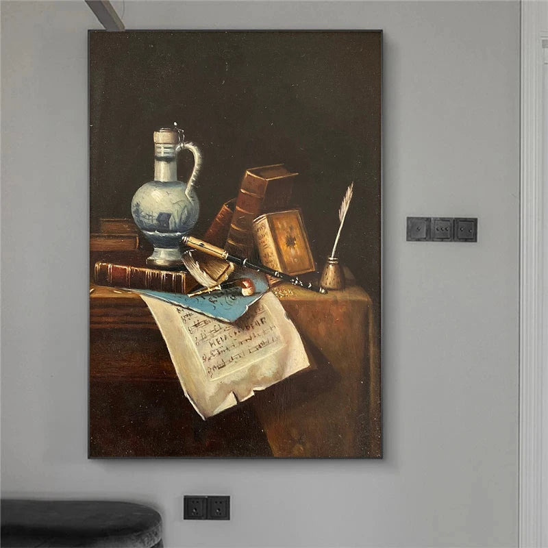 Canvas print of a still life painting on a wall.