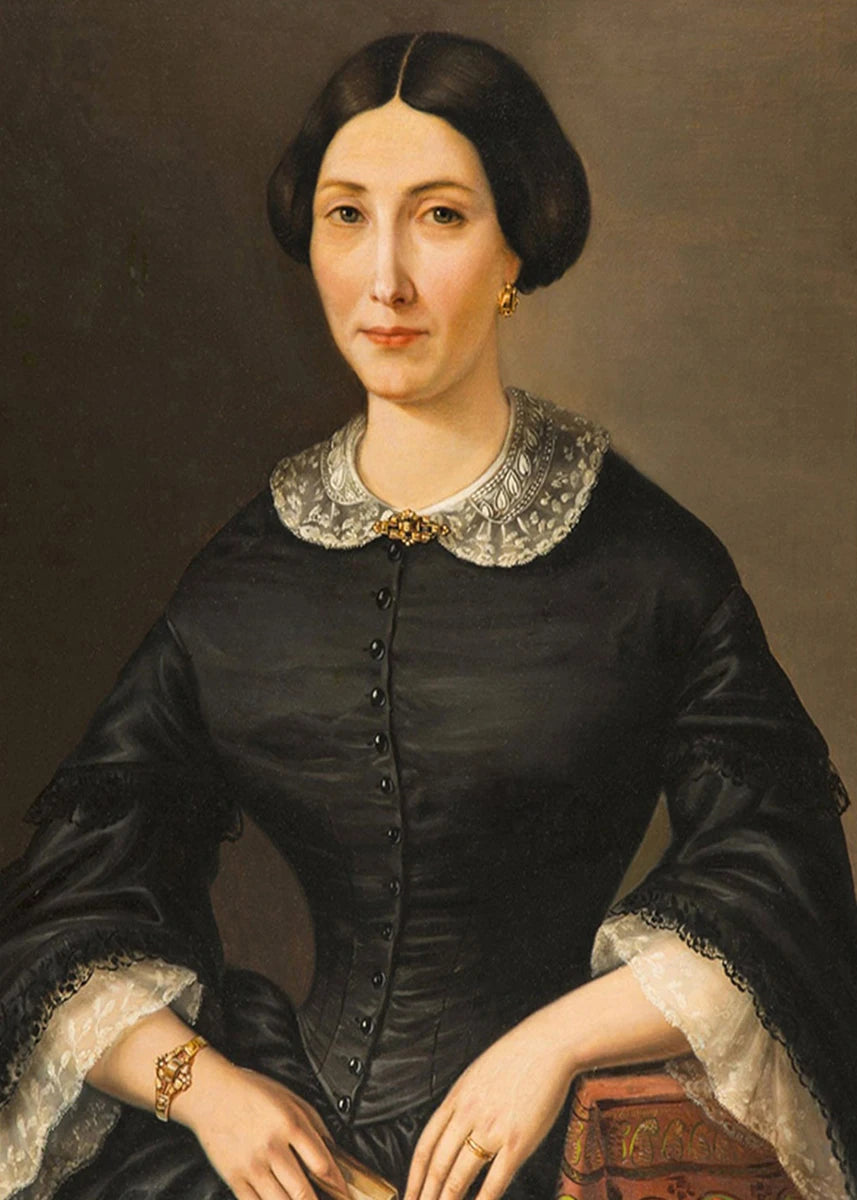 Portrait of a woman in a dark dress with white lace collar against a plain background