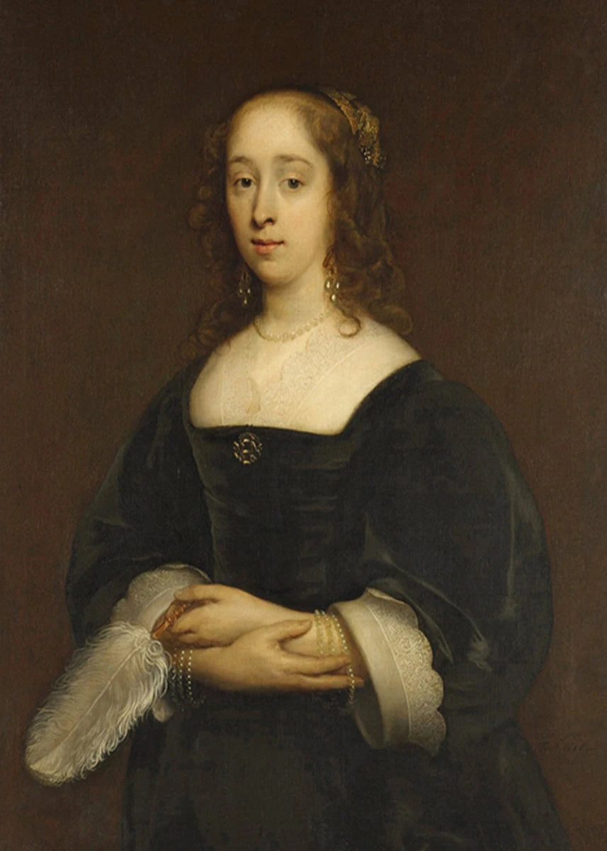 Portrait of a woman in a dark dress with a feathered glove against a brown background