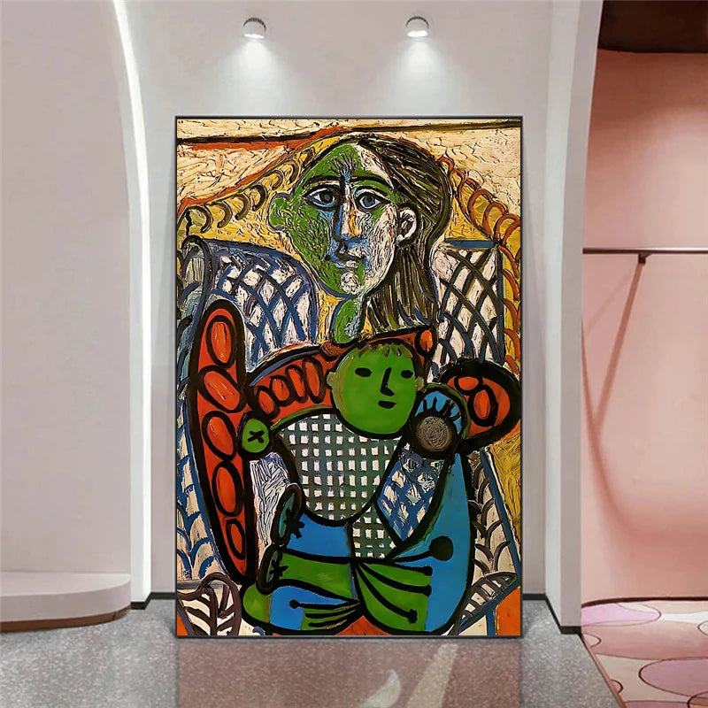 Colorful abstract painting of a woman with a guitar in a modern interior setting