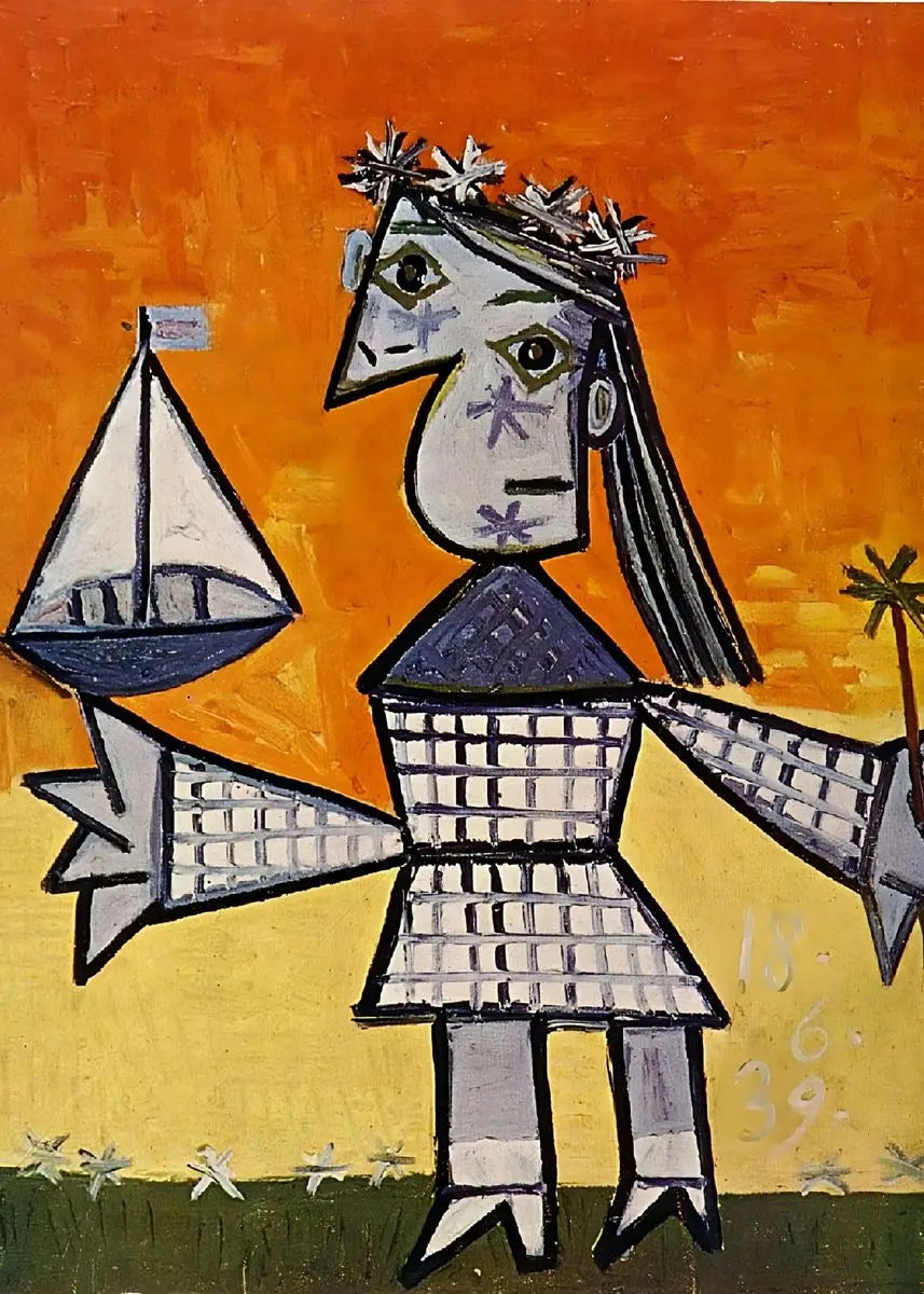 Artistic depiction of a figure with a sailboat on an orange background