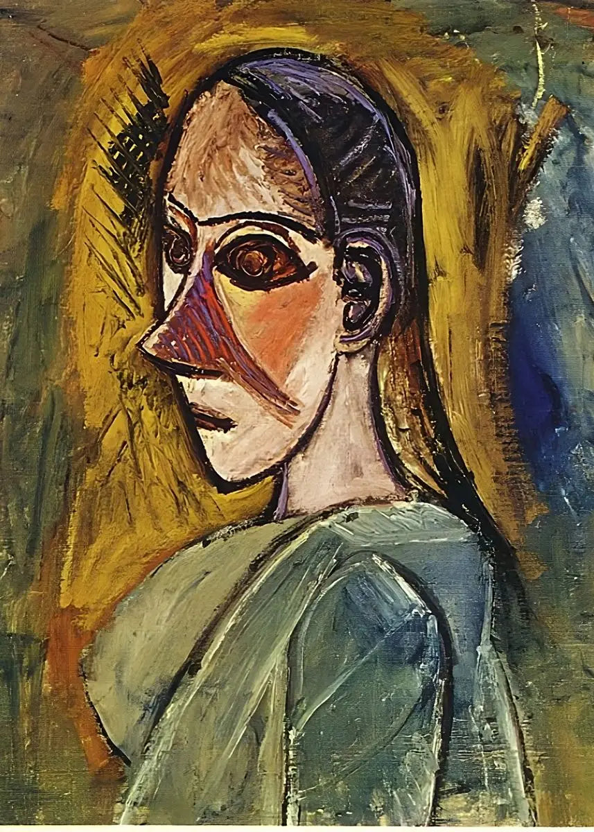 Artistic depiction of a person with a hooded garment, using a limited color palette.