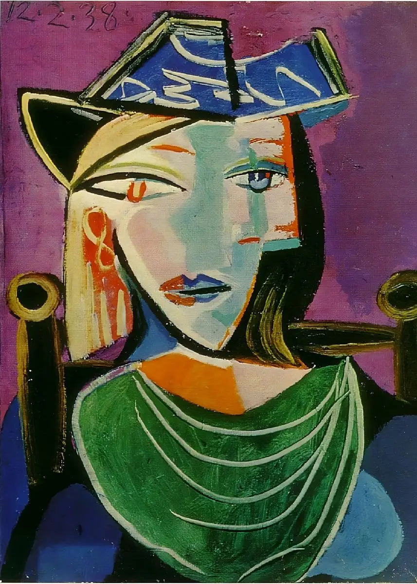 Abstract artwork of a woman's face with geometric shapes and bold colors on a purple background.