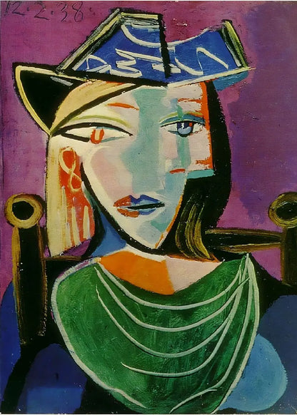 Abstract artwork of a woman's face with geometric shapes and bold colors on a purple background.