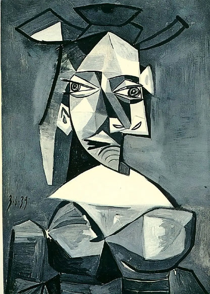 Cubist portrait with geometric shapes and bold lines on a gray background