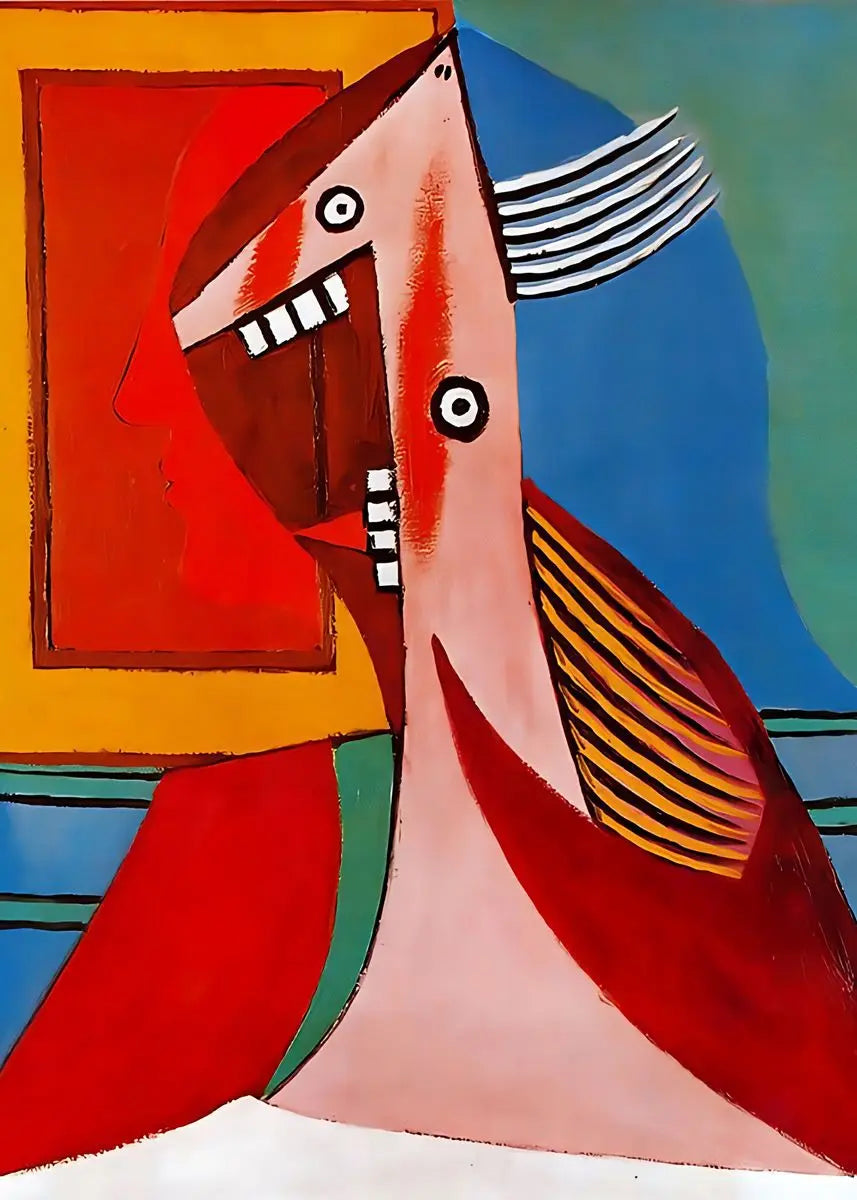 Abstract artwork with a stylized face and colorful background