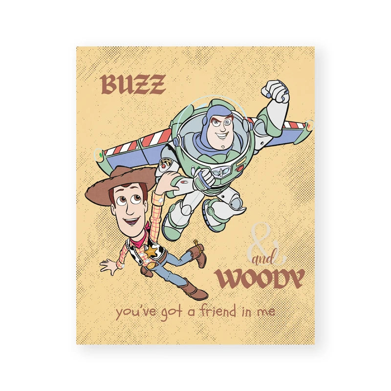 Illustration of Buzz Lightyear and Woody from Toy Story with text on a beige background