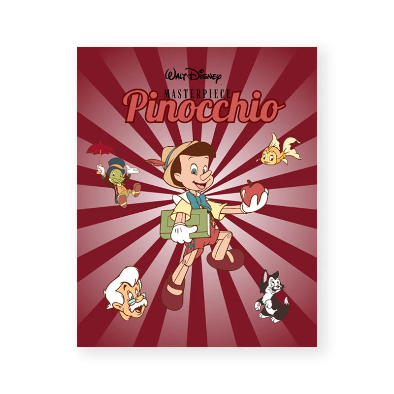 Poster of Pinocchio with characters on a red sunburst background