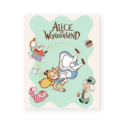 Illustration of characters from 'Alice in Wonderland' on a light green background