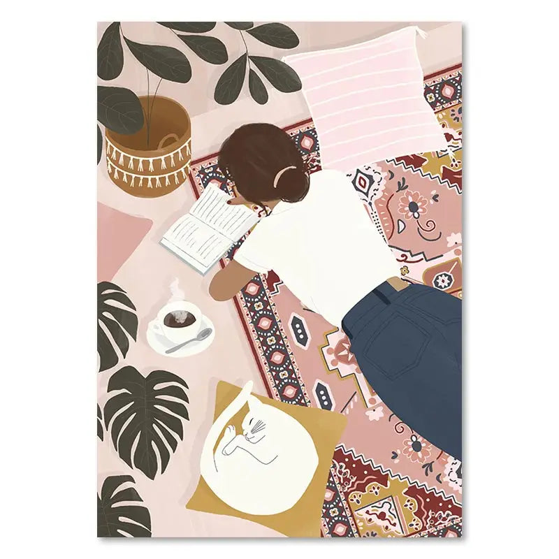 Illustration of a person reading a book on a patterned rug with plants and a cup.