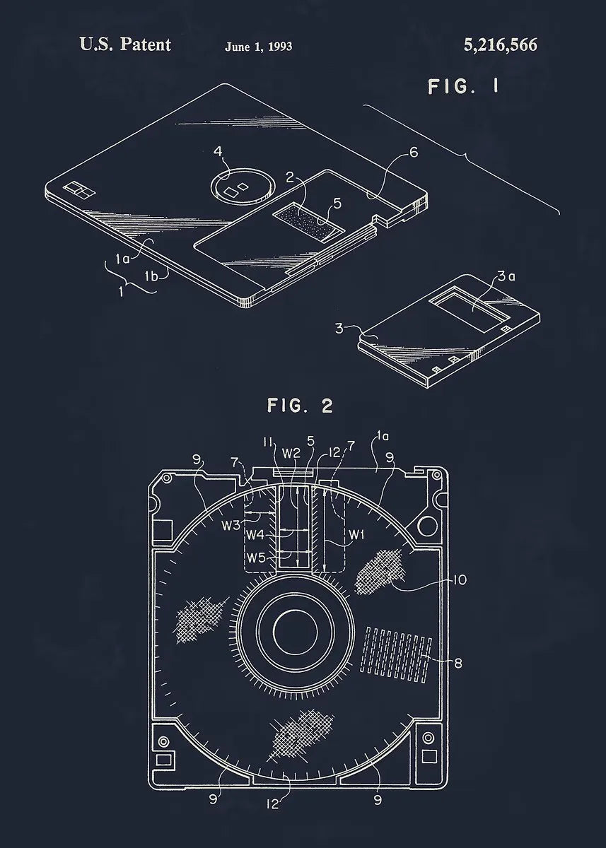 Technical drawing of a hard drive with labeled parts on a dark background