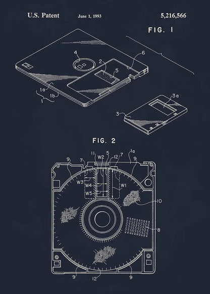 Technical drawing of a hard drive with labeled parts on a dark background