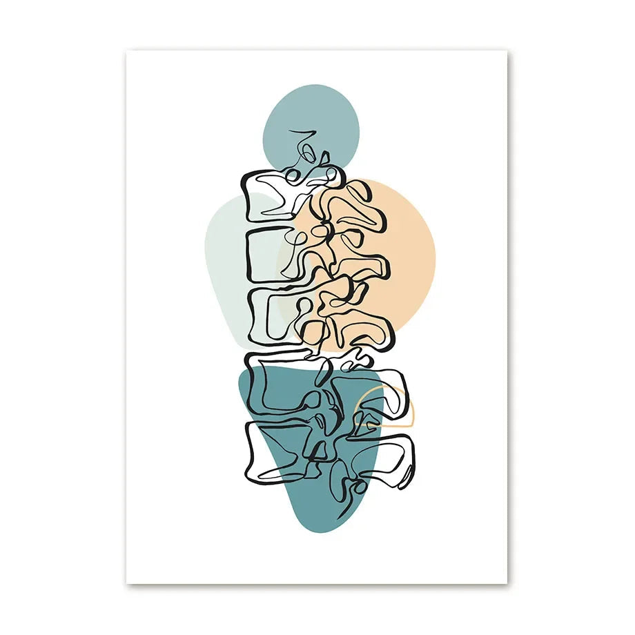 Abstract art print with geometric shapes in blue, green, and beige on a white background