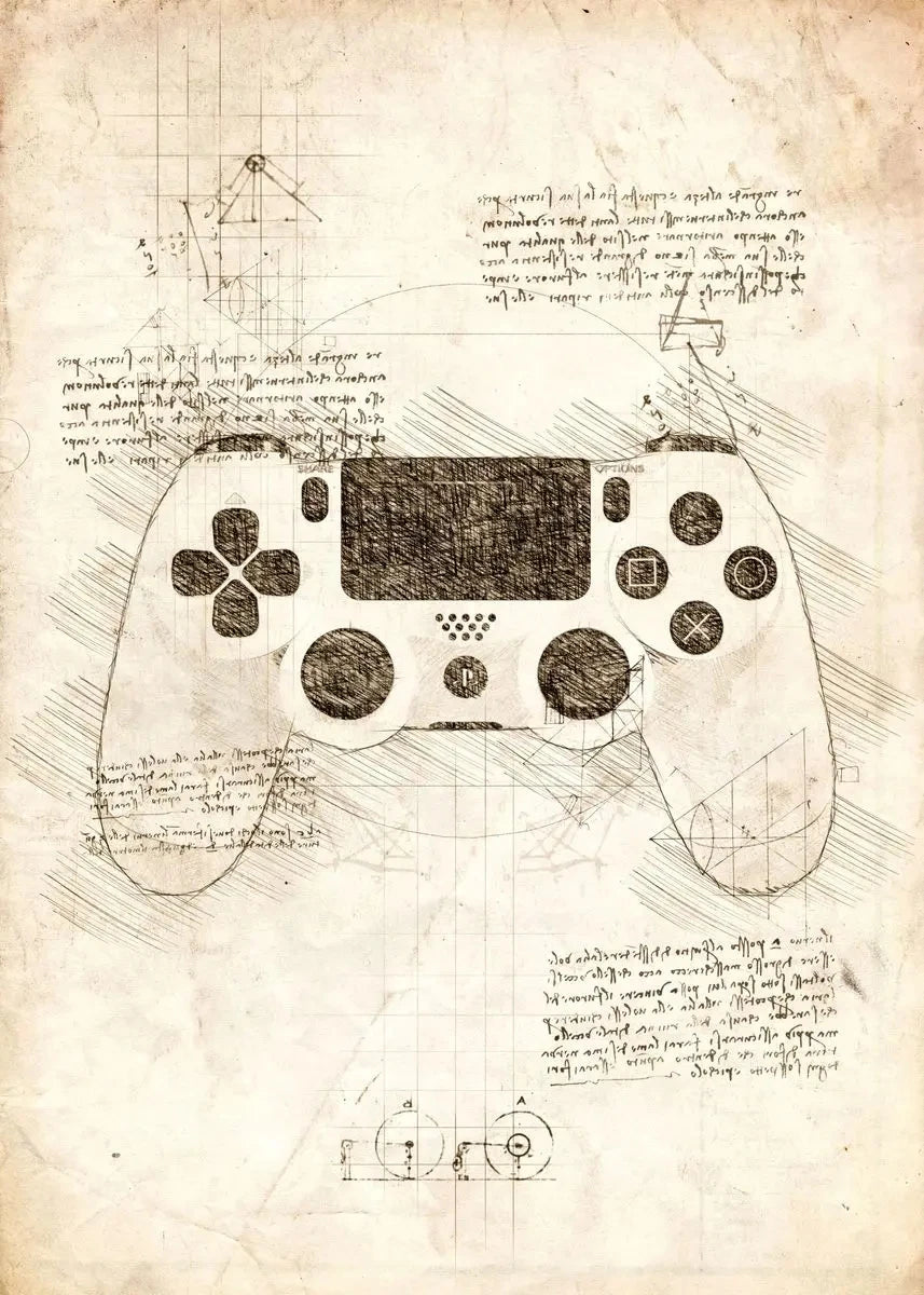 Gaming controller design on a vintage blueprint background