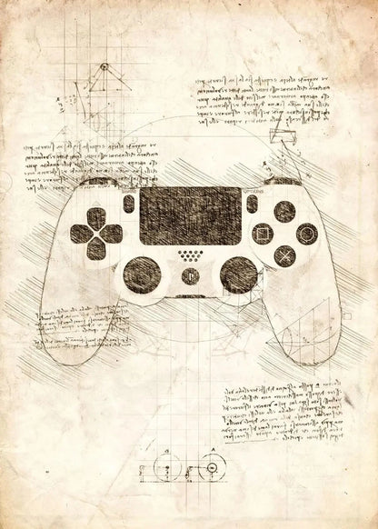 Gaming controller design on a vintage blueprint background