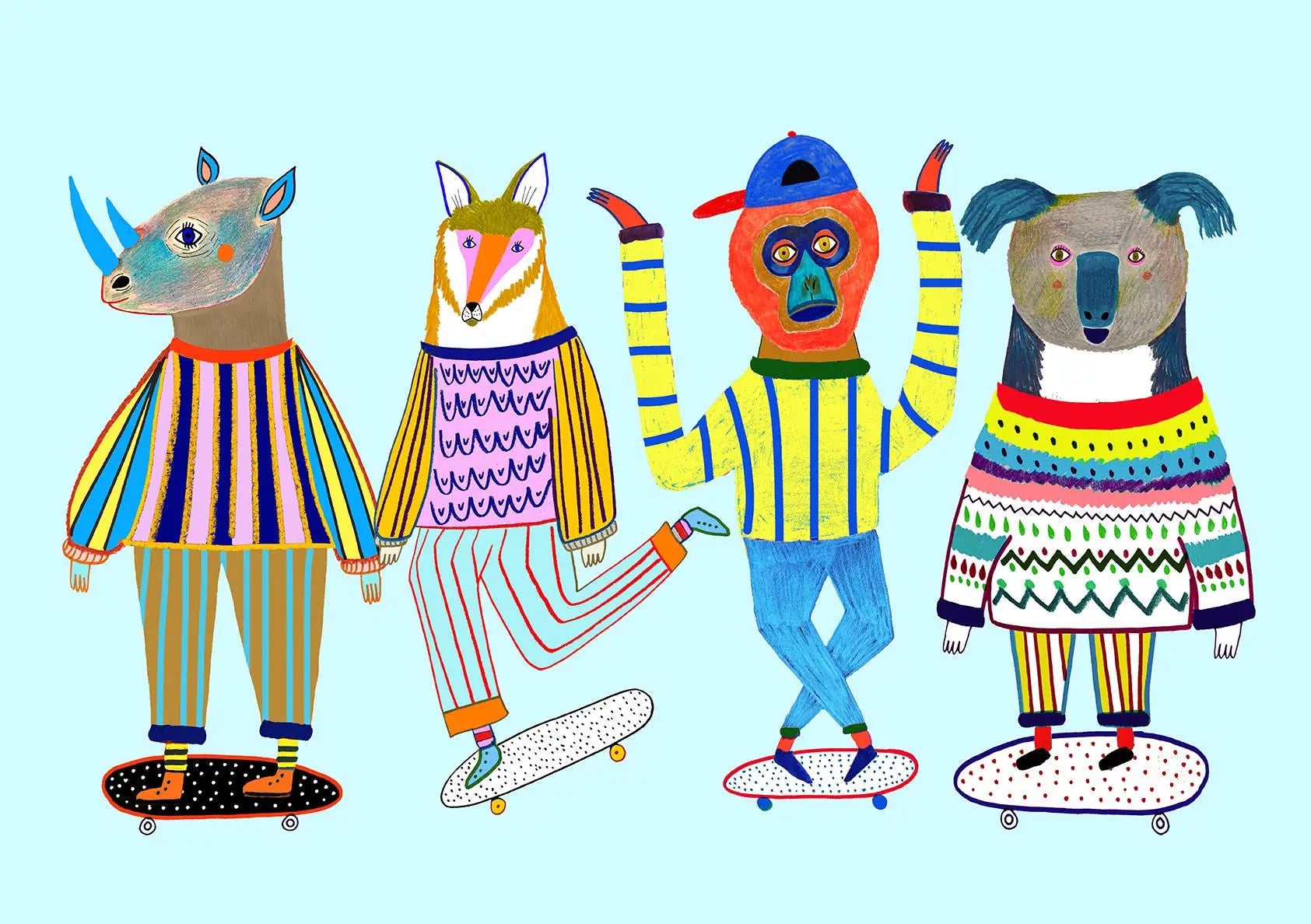 Colorful illustration of anthropomorphic animals on skateboards against a light blue background