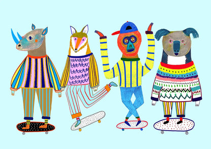 Colorful illustration of anthropomorphic animals on skateboards against a light blue background
