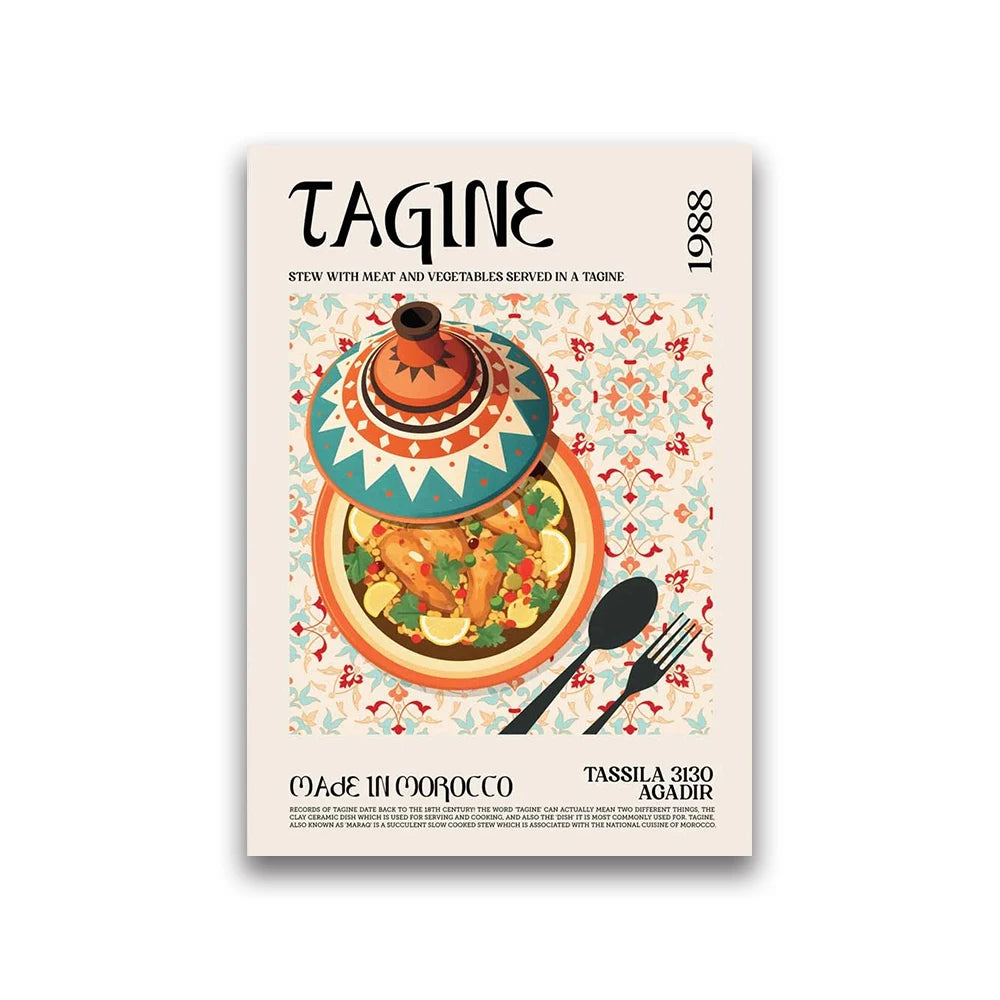 Decorative poster of a tagine with text and design elements on a beige background
