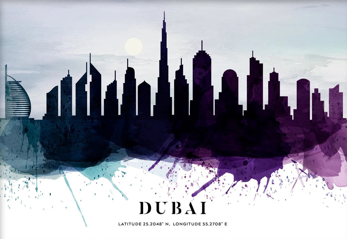 Silhouette of Dubai skyline with watercolor texture on a white background