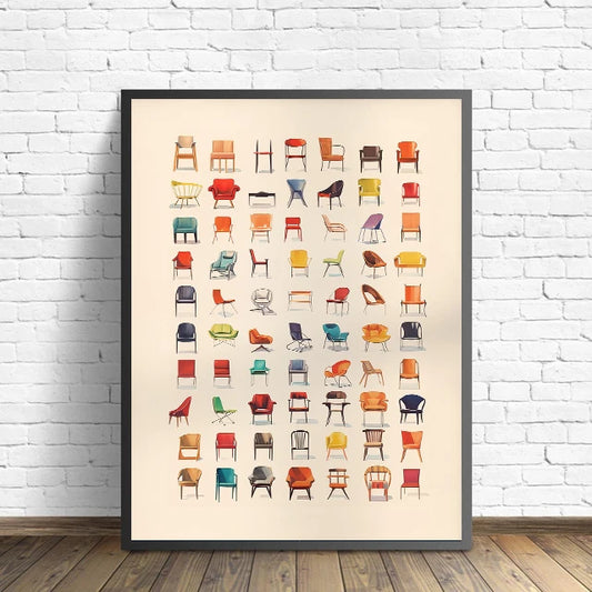 Framed poster with colorful chair illustrations on a white brick wall. Canvas & Curio