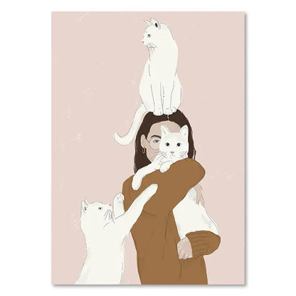 Illustration of a woman with three cats on a pink background