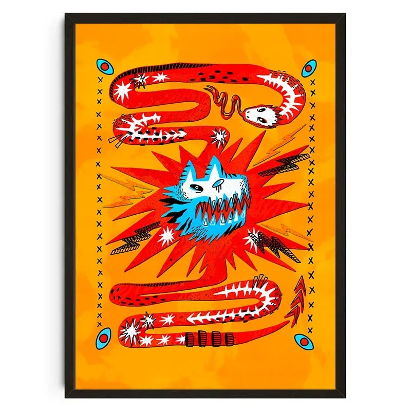 Colorful artwork of a snake and a face on an orange background