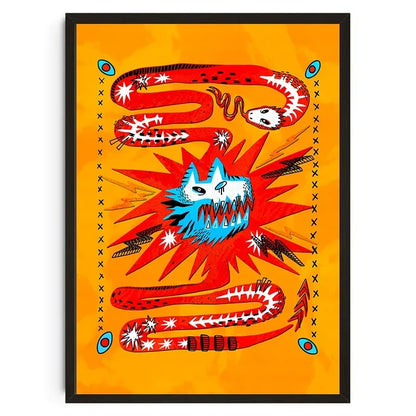 Colorful artwork of a snake and a face on an orange background