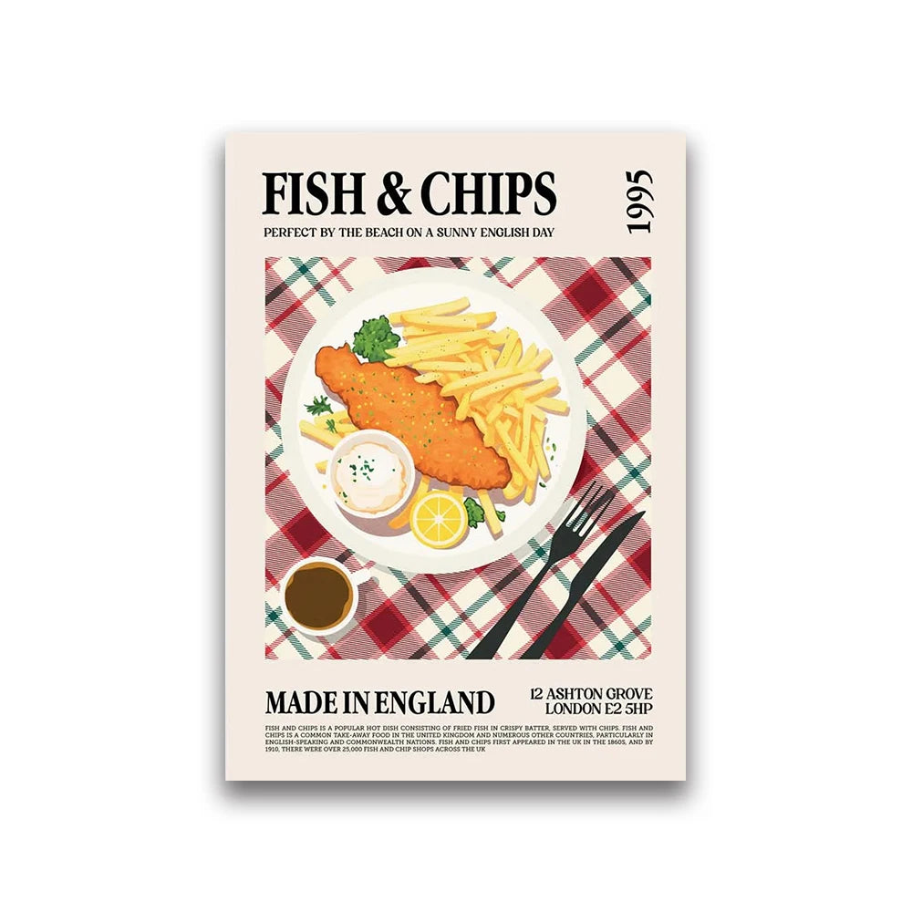 Poster of fish and chips with a plaid background and text 'Fish & Chips Made in England'.