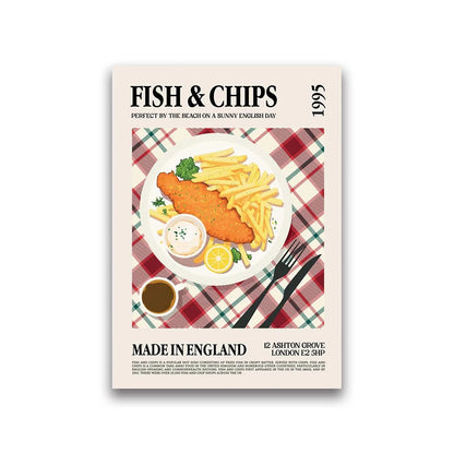 Poster of fish and chips with a plaid background and text 'Fish & Chips Made in England'.