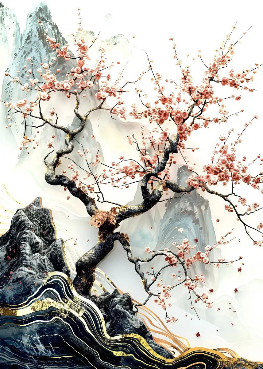 Artistic depiction of cherry blossoms against a mountainous background