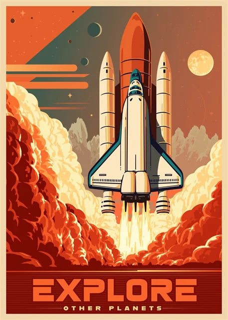 Space shuttle launch illustration with 'EXPLORE OTHER PLANETS' text on a vintage-style poster.
