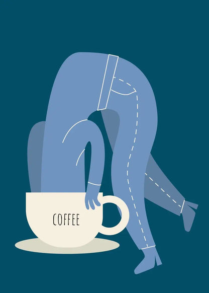 Illustration of a person sitting on a large coffee cup with a blue background