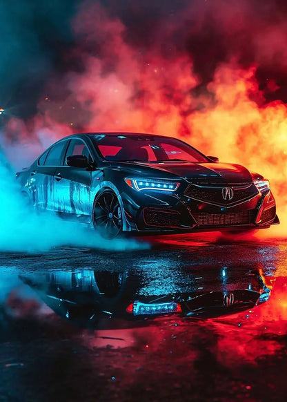 Black Acura car on a reflective surface with colorful smoke effects