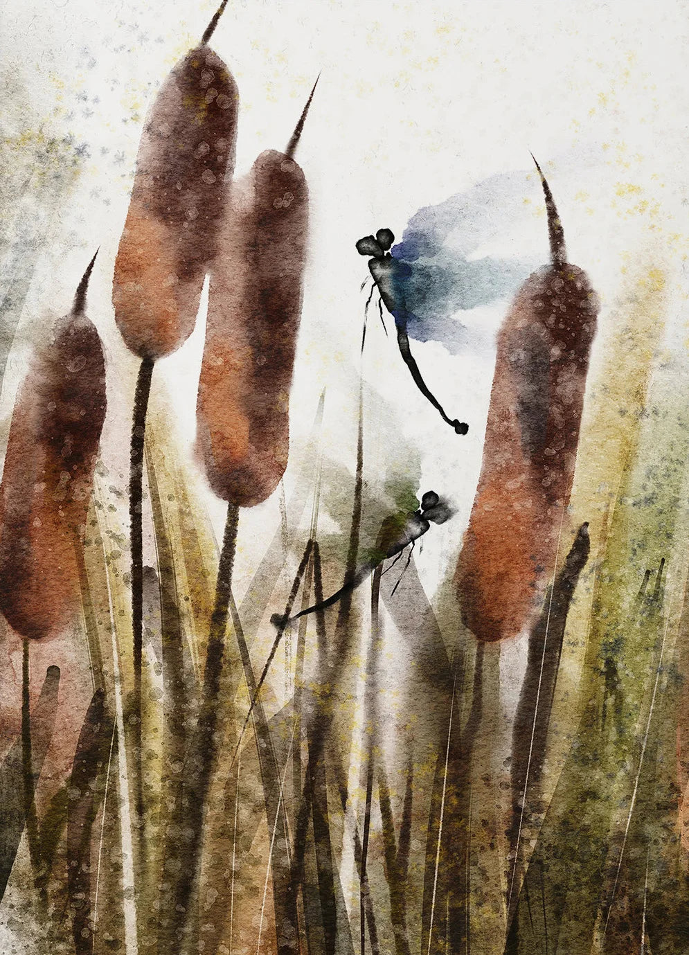 Artistic depiction of cattails and a dragonfly on a textured background