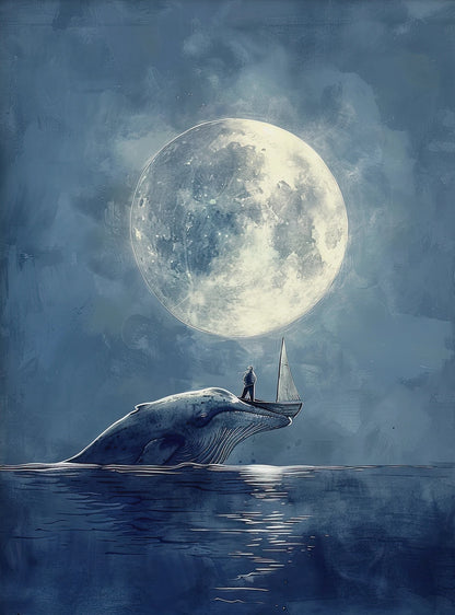 Sailboat on a whale's back with a large moon in the sky
