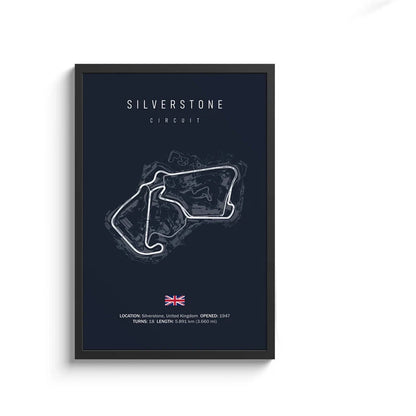 Framed poster of Silverstone Circuit map with British flag on a dark blue background
