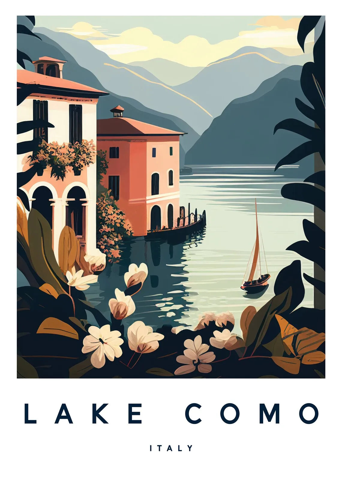 Illustration of Lake Como with buildings, flowers, and a sailboat.