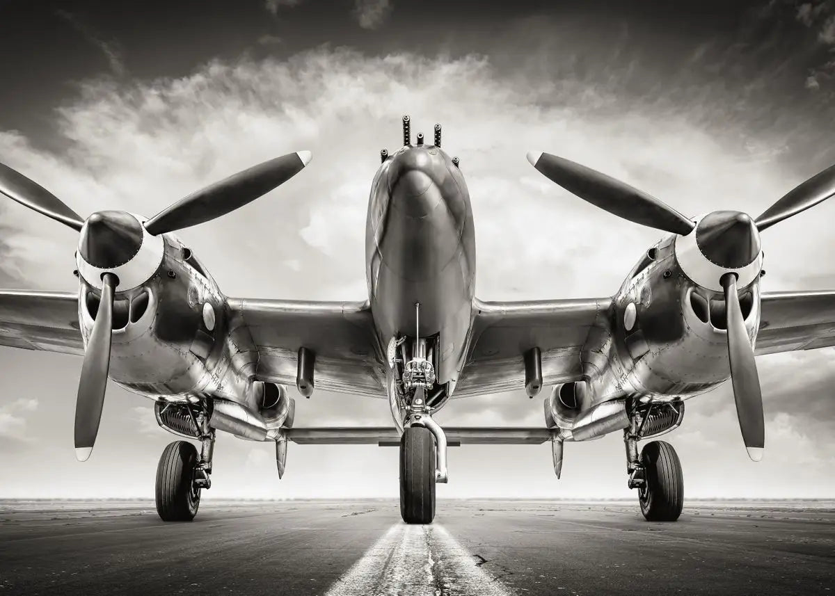 Vintage airplane with propellers on a runway against a cloudy sky