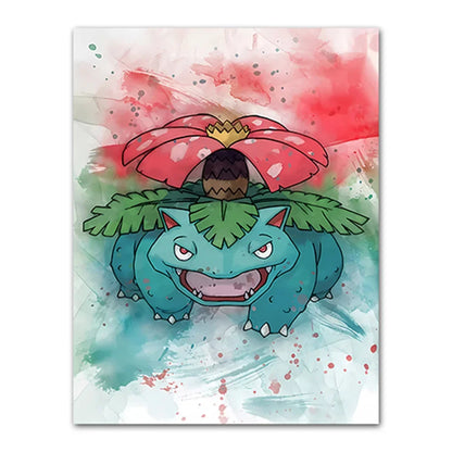 Cartoon character with a mushroom on its head against a watercolor background