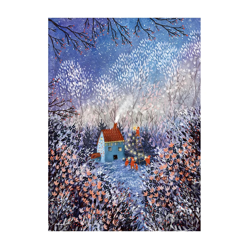 Winter scene with a house and trees on a snowy day