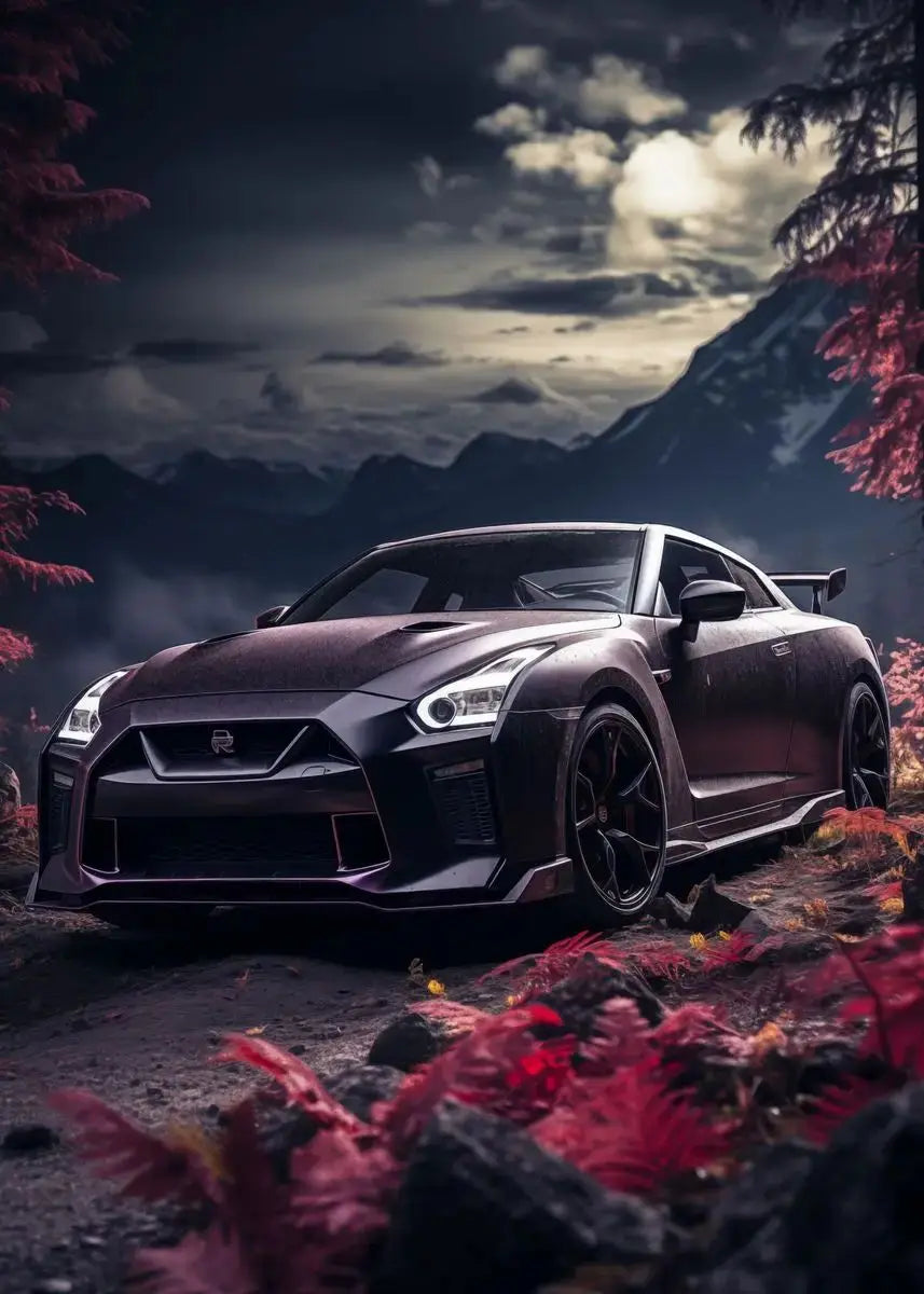Black sports car in a mountainous landscape with red foliage