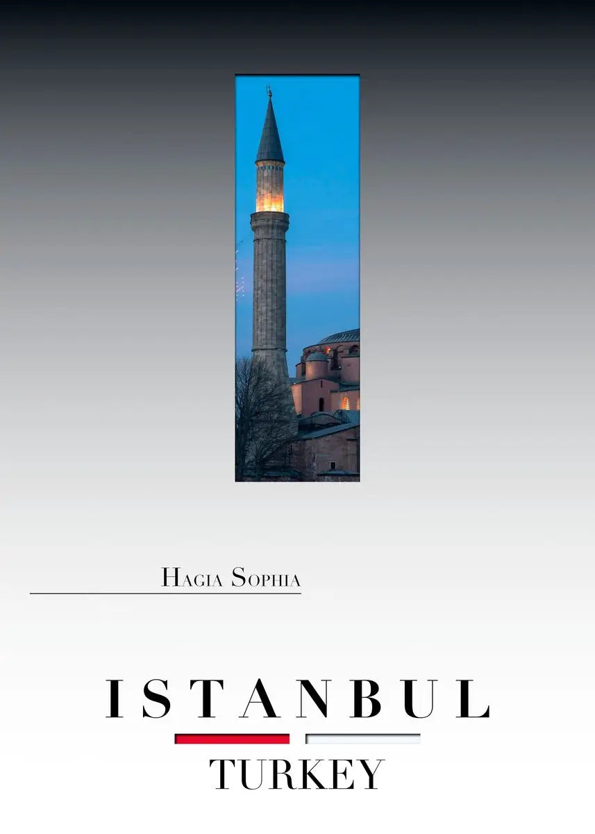 Minaret of Hagia Sophia with 'Istanbul, Turkey' text on a white background
